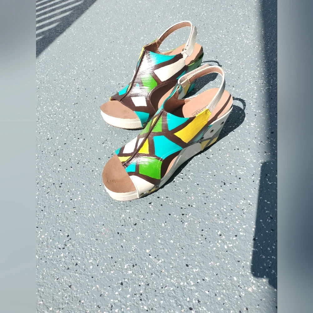 Corkys Leather Colorblock Wedge Sandals Geometric Platform Handpainted OOAK NWOT
